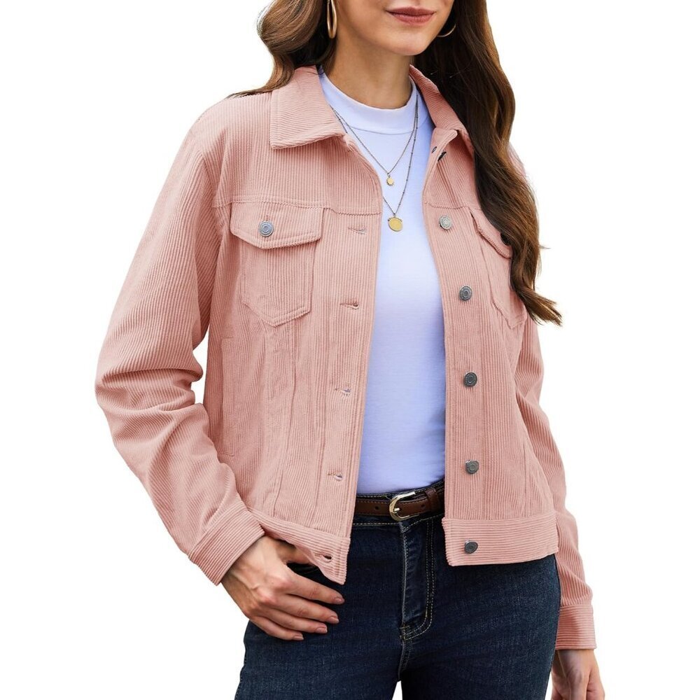 Women Light Pink Corduroy Cropped Shacket Button Down Long Sleeve Casual Coat